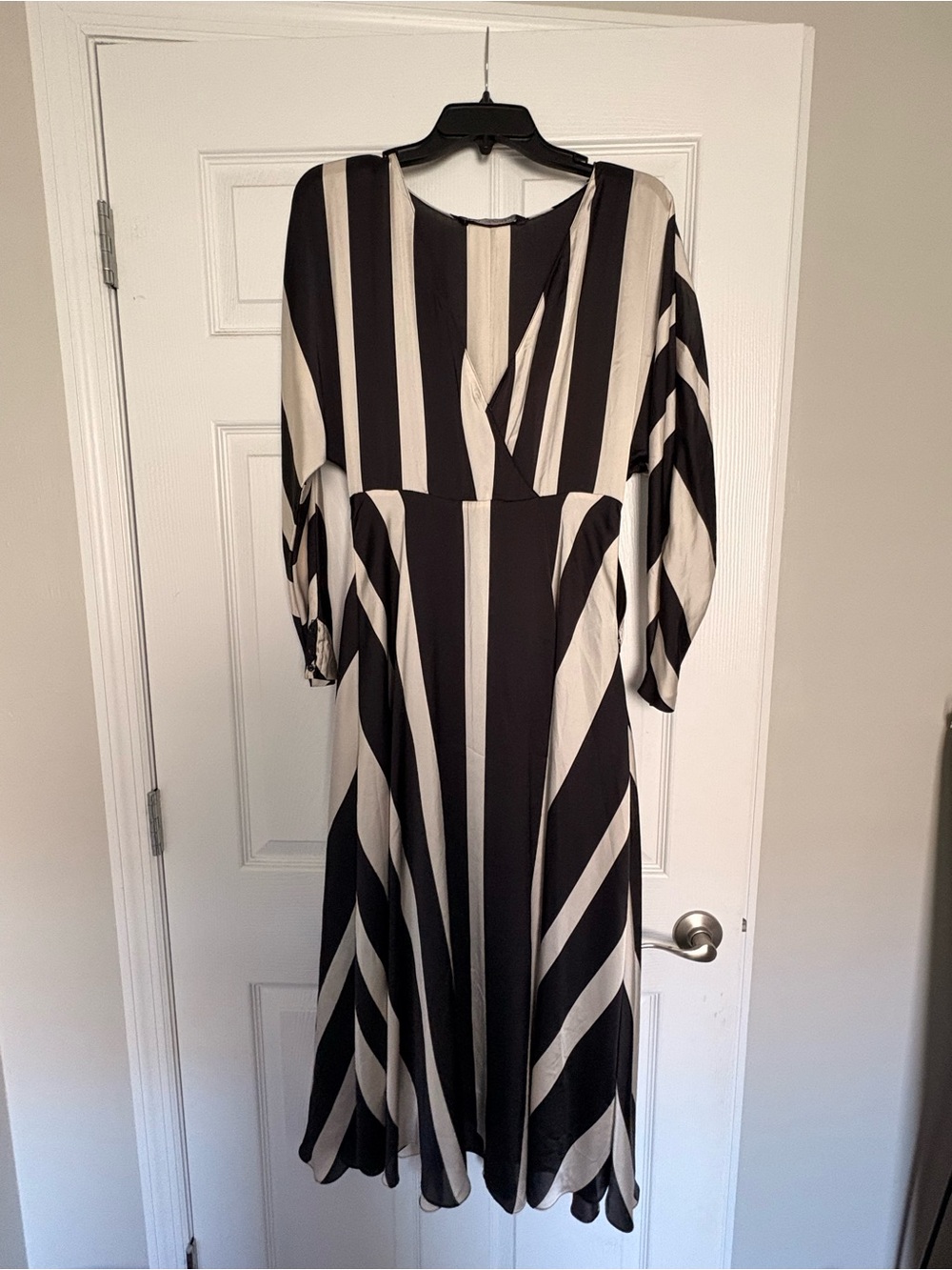 Zara Black and Cream Vertical-Stripe Midi Dress